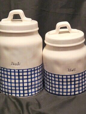 Rae Dunn Canister Set Sweets Treats Blue Gingham 8” & 7” See Below Description